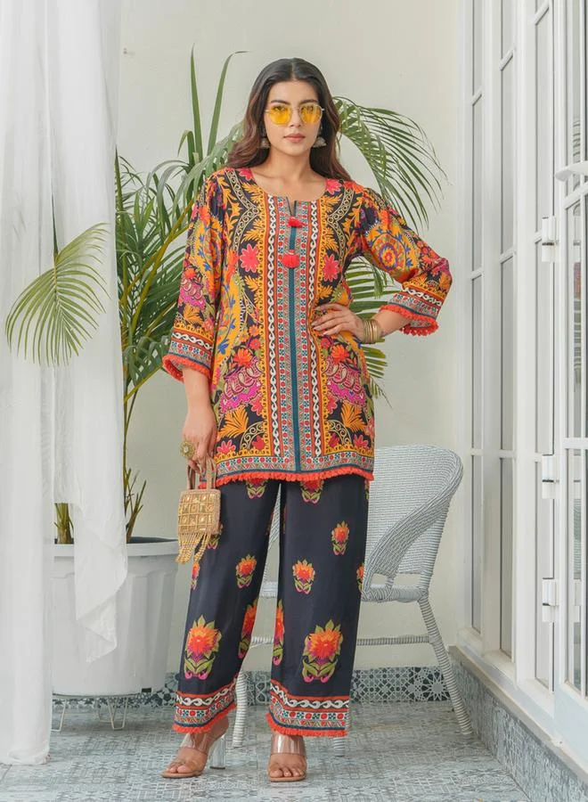 Dw  Women Printed Round Neck Tunic and Trousers Co-Ords for Women | Best Price UAE